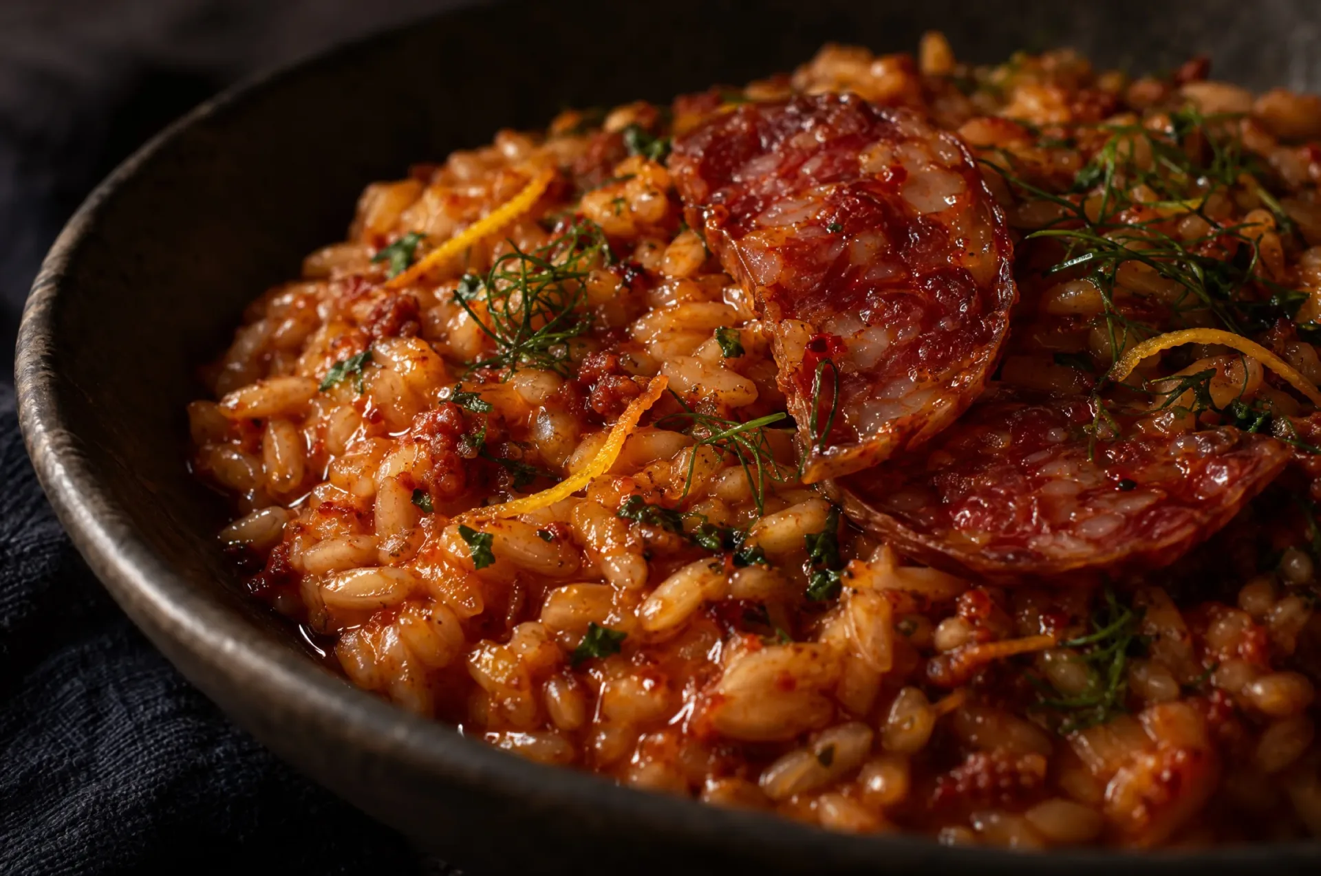 Close-up van risotto indiavolato: glanzende rijstkorrels in rode 'nduja-olie met plakjes salami en fijn venkelgroen