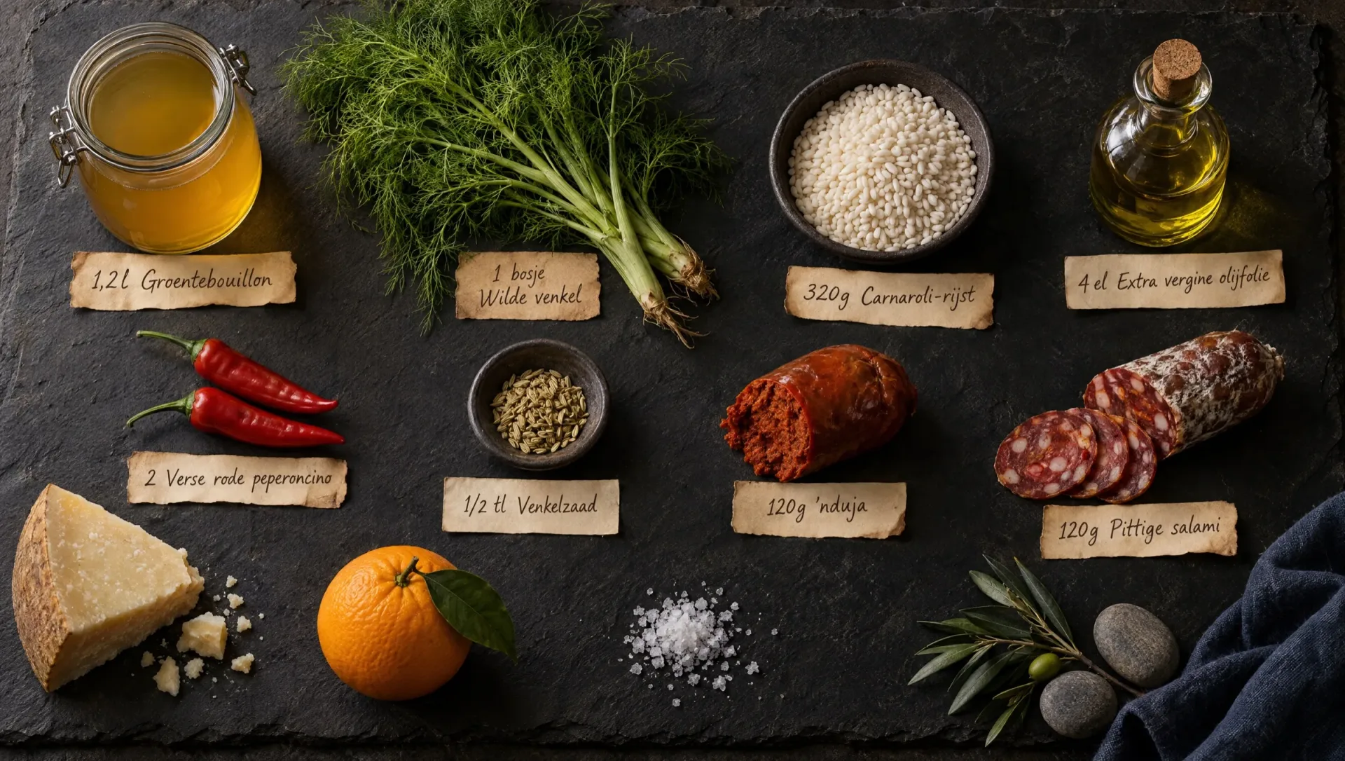 Ingrediënten voor risotto indiavolato: Carnaroli, 'nduja, pittige salami, wilde venkel, venkelzaad, pecorino en sinaasappel