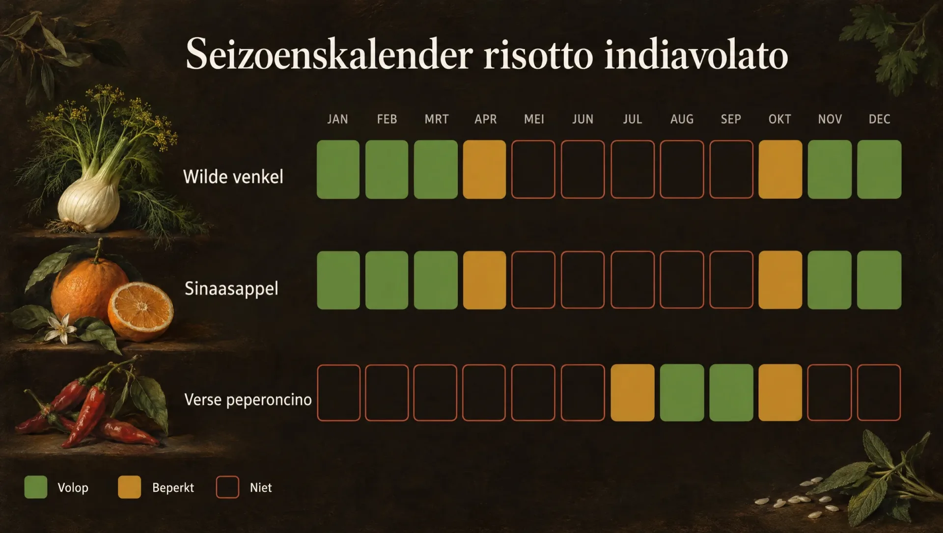 Seizoenskalender voor risotto indiavolato: wilde venkel en citrus van oktober tot april, peperoncino in de nazomer
