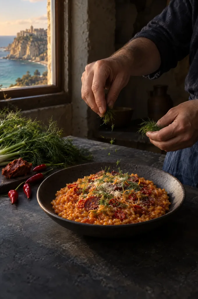 Handen van de kok strooien venkelgroen over risotto indiavolato, donkere keuken, raam op de kliffen van Tropea en de zee