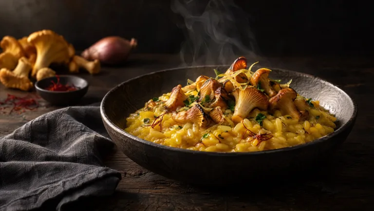 Risotto met cantharellen en saffraan op een donkere tafel in Lombardije, met verse cantharellen, saffraan en sjalot