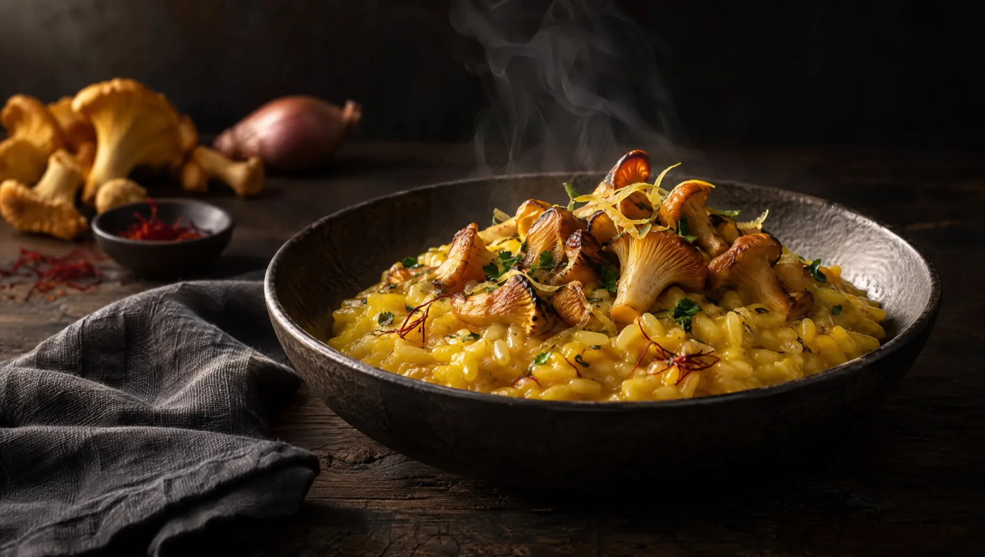 Risotto met cantharellen en saffraan op een donkere tafel in Lombardije, met verse cantharellen, saffraan en sjalot