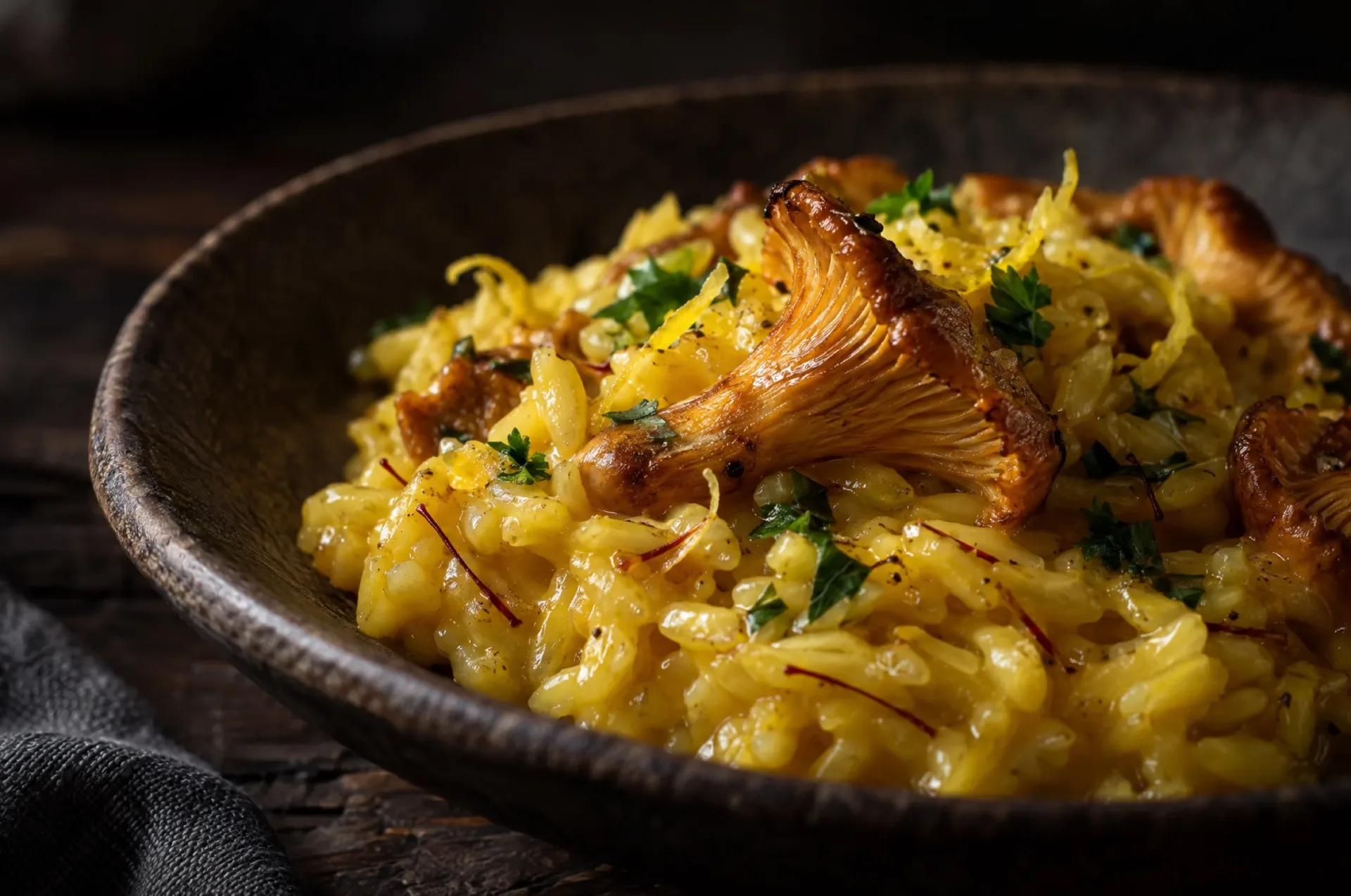 Close-up van risotto met cantharellen en saffraan: glanzende goudgele korrels, een cantharel en geraspte citroenschil