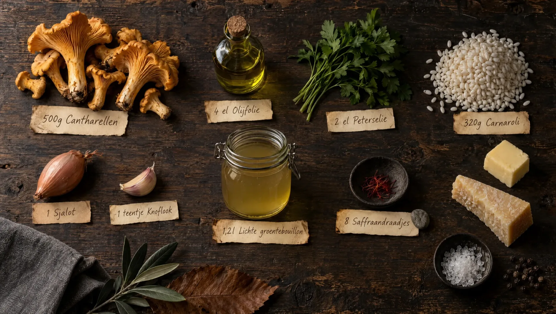 Ingrediënten voor risotto met cantharellen en saffraan: cantharellen, Carnaroli, saffraan, sjalot, citroen, Parmigiano