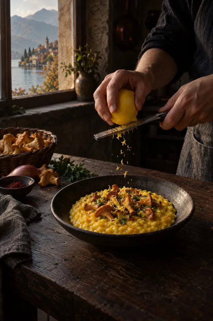 Handen raspen citroenschil boven risotto met cantharellen en saffraan in een donkere keuken, raam op een Lombardisch meer