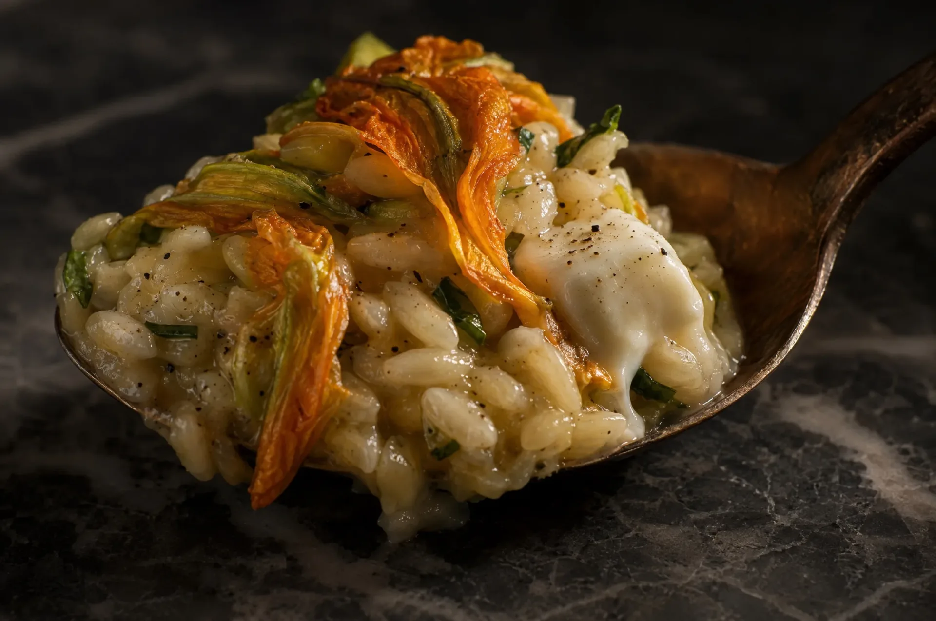 Detail van risotto met courgettebloemen: glanzende korrels Carnaroli met oranje reepjes bloemblad en een blokje mozzarella