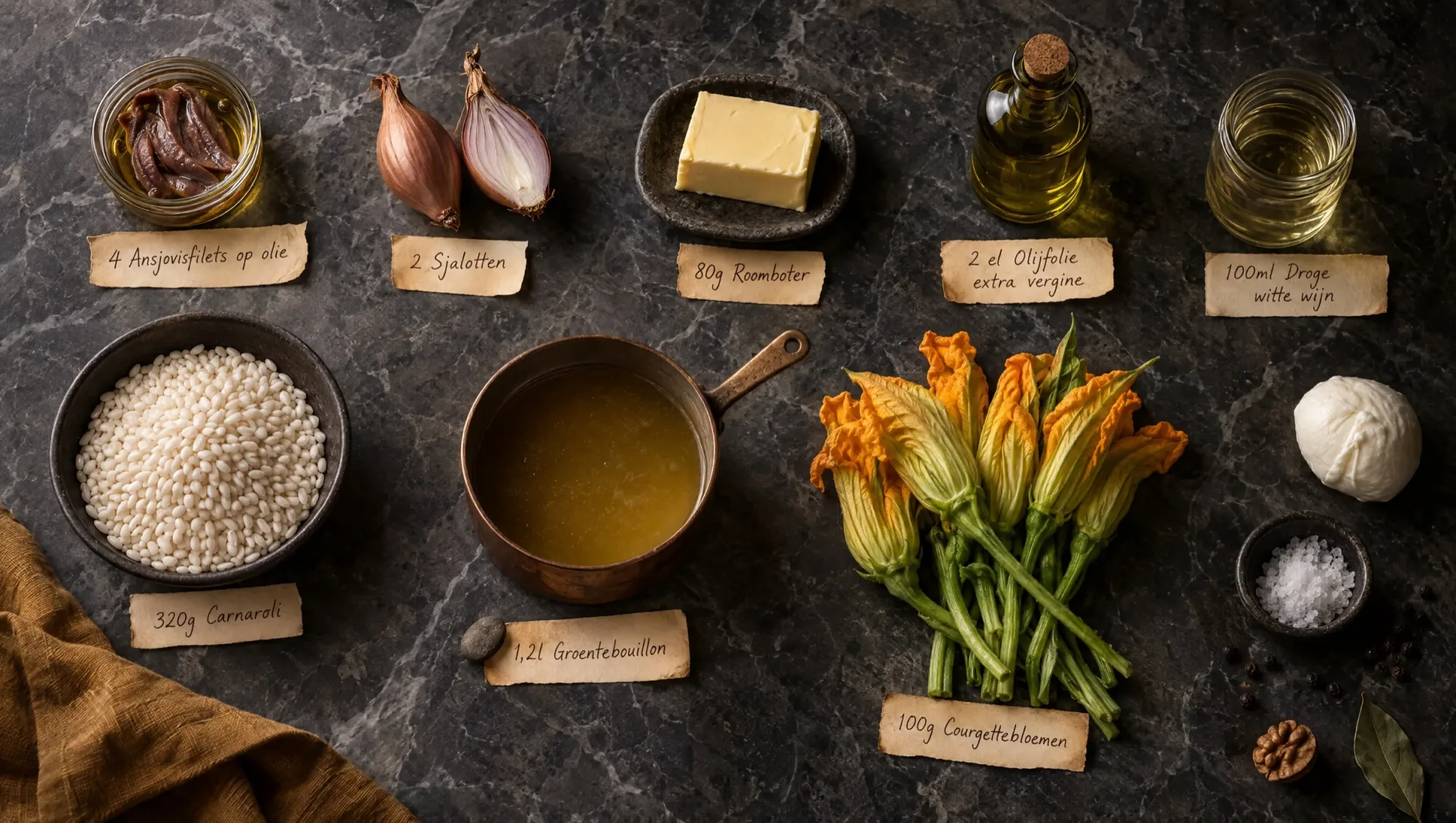 Ingrediënten voor risotto met courgettebloemen: bloemen, Carnaroli, ansjovis, sjalotten, mozzarella, boter en witte wijn