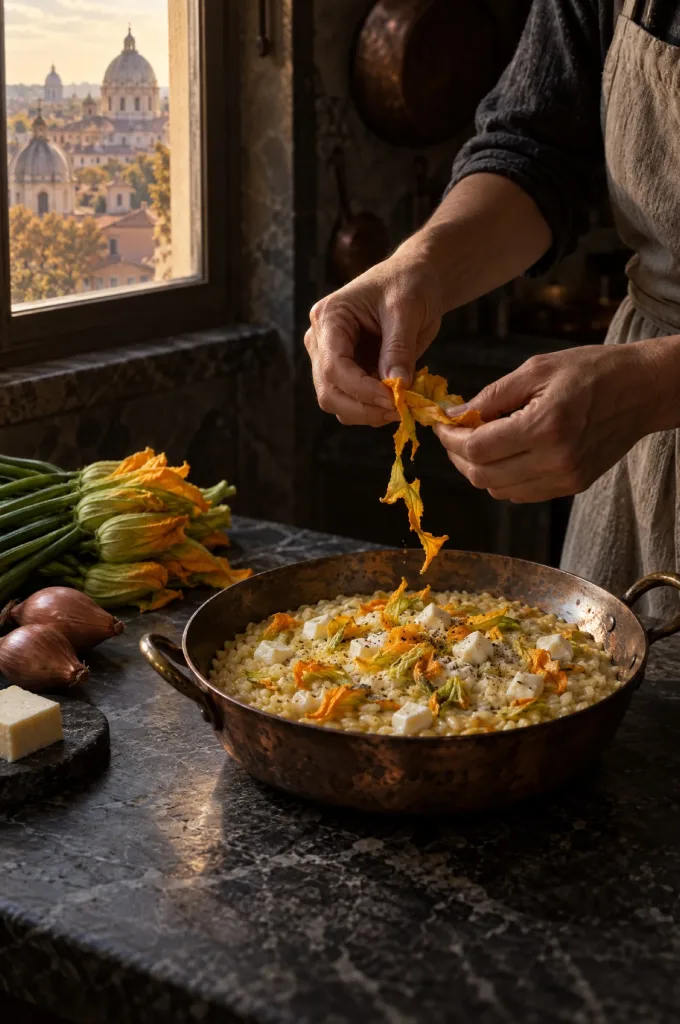 Handen van de kok bij risotto met courgettebloemen in een donkere keuken bij het raam, met uitzicht op Lazio