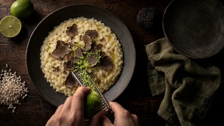 Risotto met limoen en truffel op een donkere tafel in Umbrië in oktober, met zwarte truffel, limoenen en Carnaroli