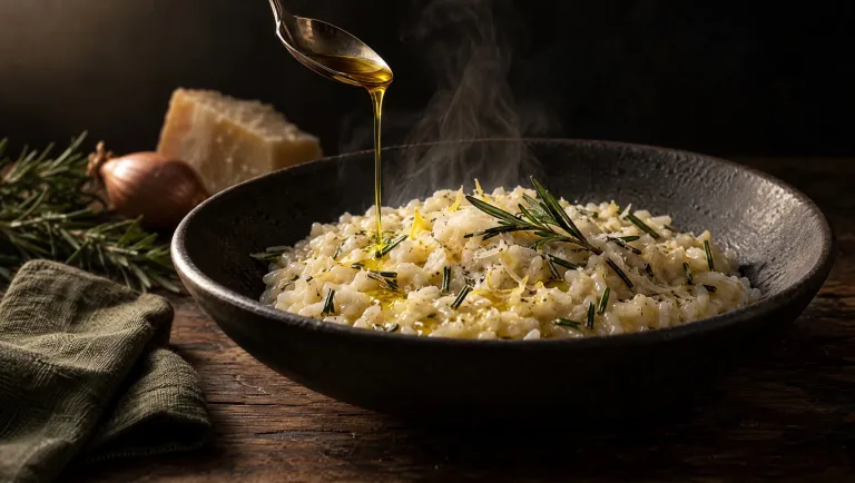 Risotto met rozemarijn in een donkere stenen schaal, olijfolie uit een lepel, met verse rozemarijn, sjalot en Parmigiano