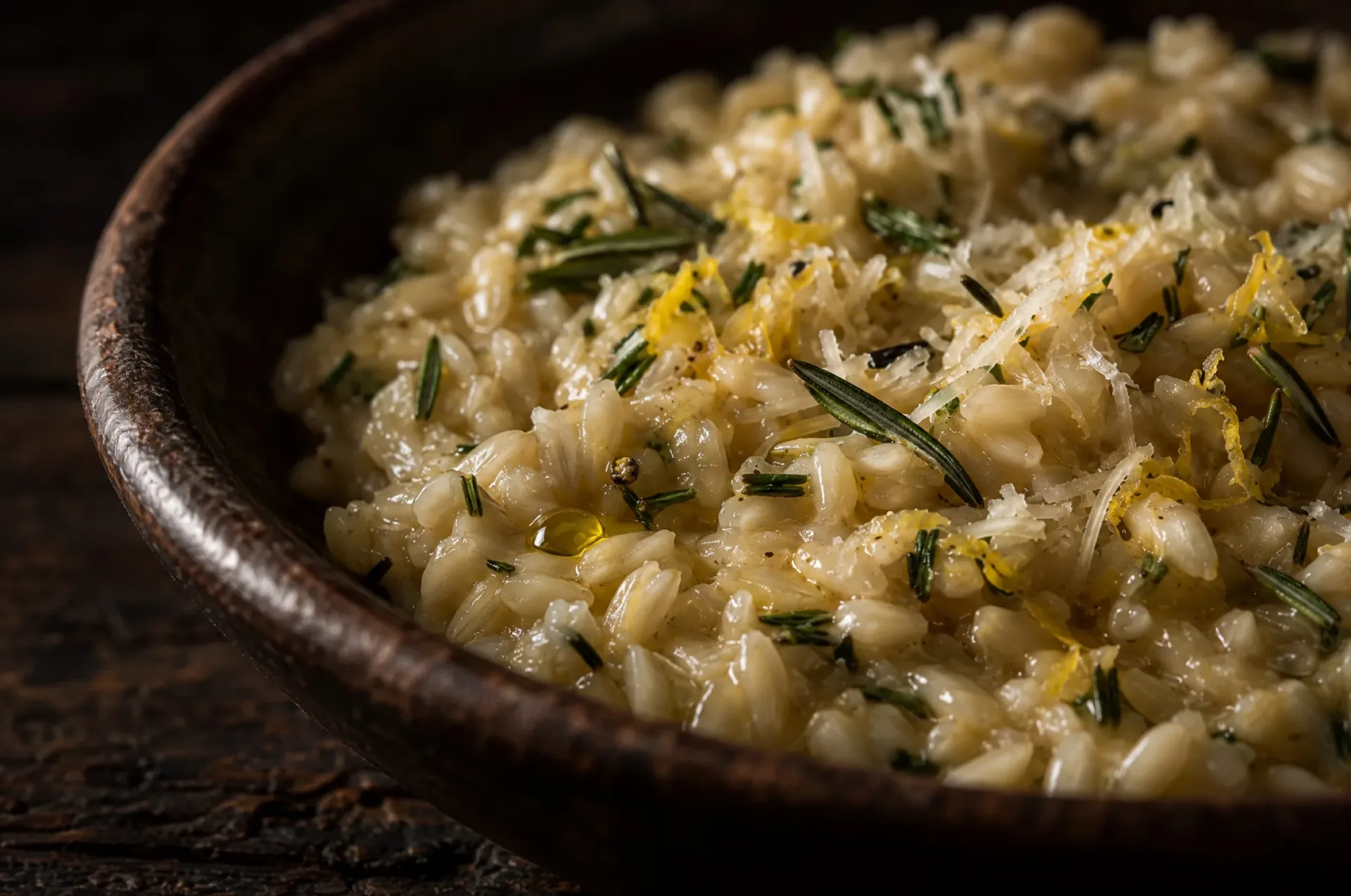 Close-up van risotto met rozemarijn: glanzende rijstkorrels met fijngehakte rozemarijn, citroenschil en gesmolten Parmigiano