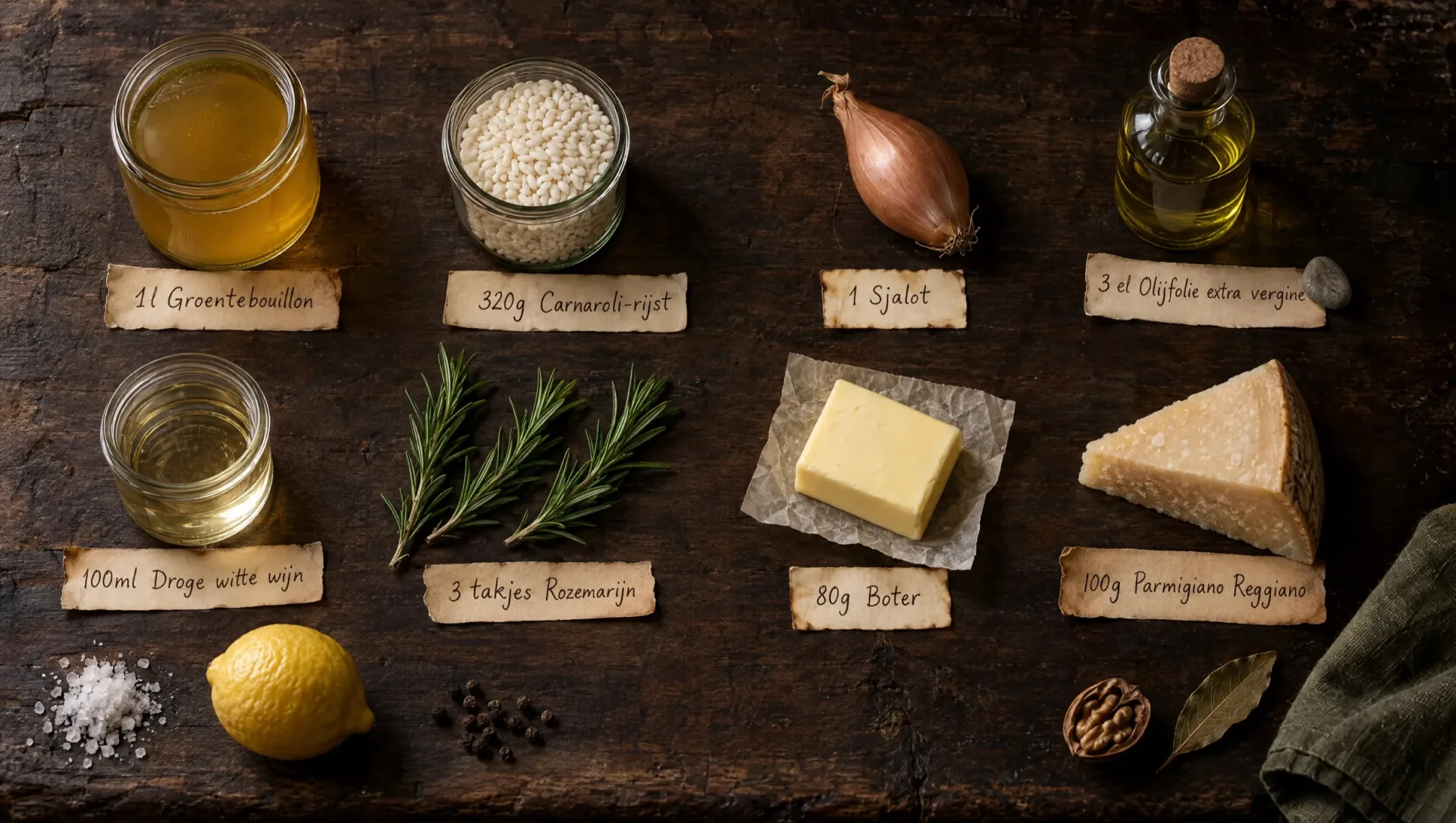 Ingrediënten voor risotto met rozemarijn: Carnaroli, verse rozemarijn, sjalot, citroen, boter, Parmigiano en witte wijn