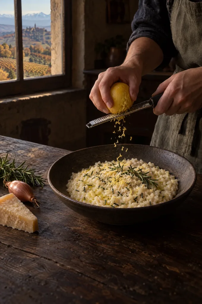 Handen van de kok raspen citroenschil over risotto met rozemarijn, donkere keuken, raam op de heuvels van de Langhe