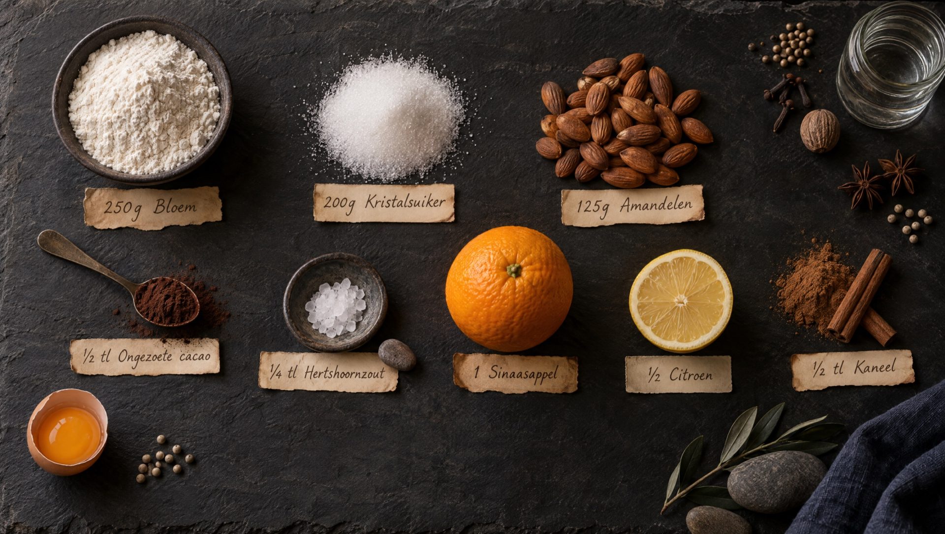 Ingrediënten voor roccocò: bloem, suiker, amandelen met vel, sinaasappel, citroen, kaneel, steranijs, kruidnagel en een ei