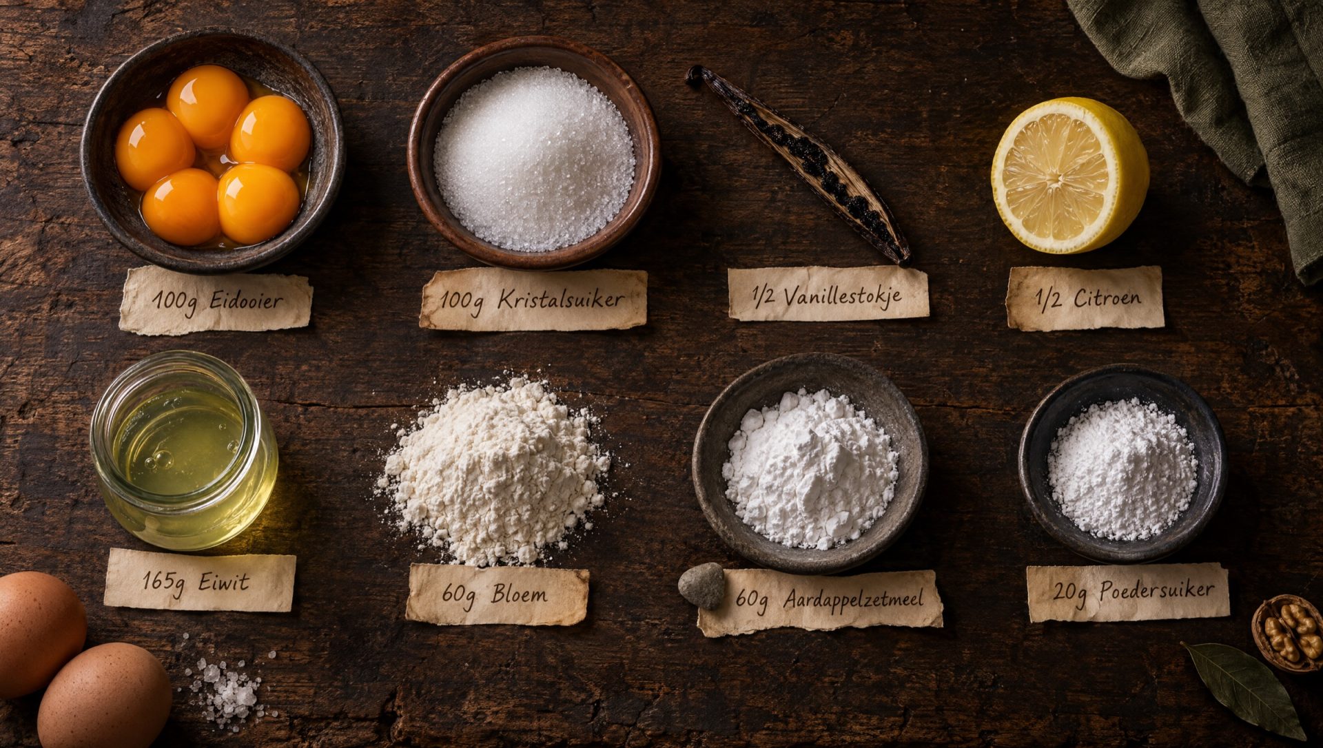 Ingrediënten voor savoiardi: verse eieren, bloem, aardappelzetmeel, kristalsuiker, poedersuiker, citroen en een vanillestokje