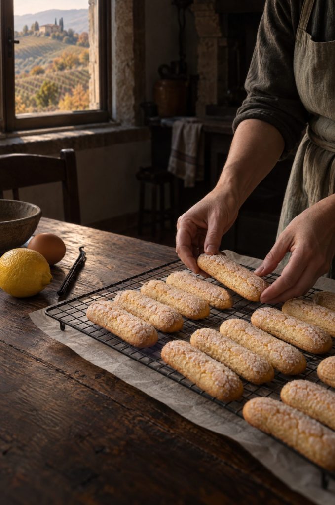 Handen van de kok leggen savoiardi op een rooster in een donkere keuken bij het raam, met zicht op de heuvels van Piemonte