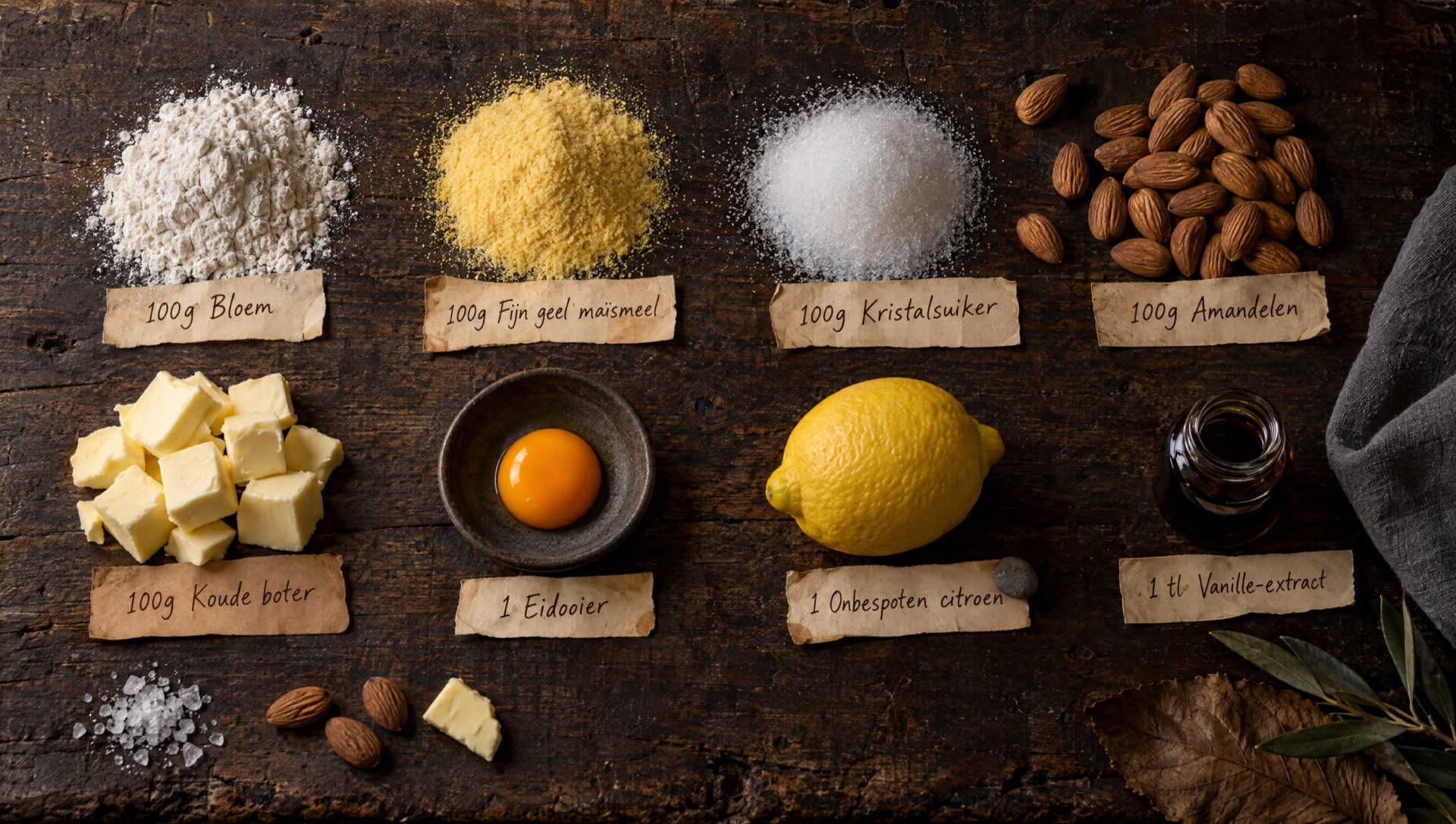 Ingrediënten voor sbrisolona: bloem, geel maïsmeel, amandelen met vel, suiker, koude boter, een eidooier en een citroen