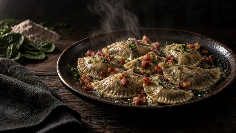 Schlutzkrapfen met boter, speck en bieslook op een houten tafel in Zuid-Tirol, met roggemeel en verse spinazie