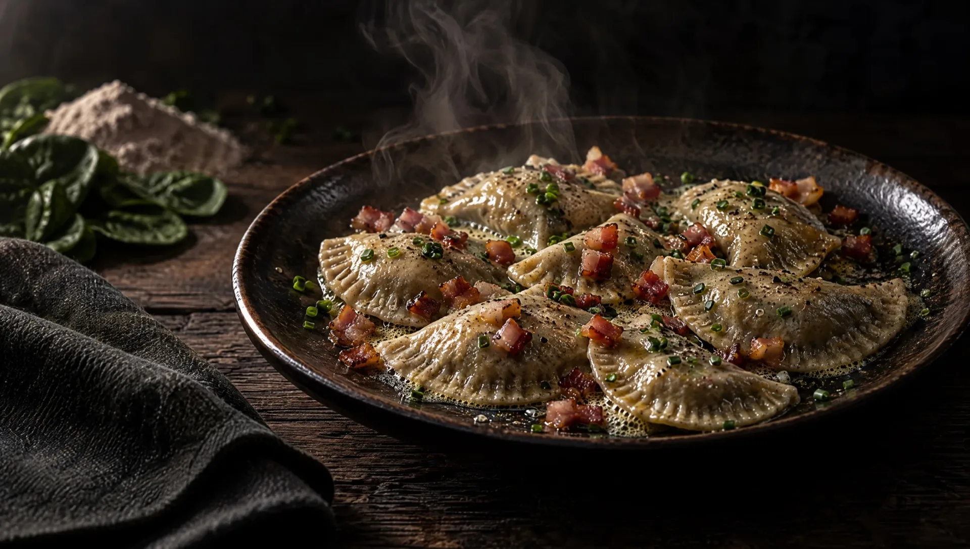 Schlutzkrapfen met boter, speck en bieslook op een houten tafel in Zuid-Tirol, met roggemeel en verse spinazie