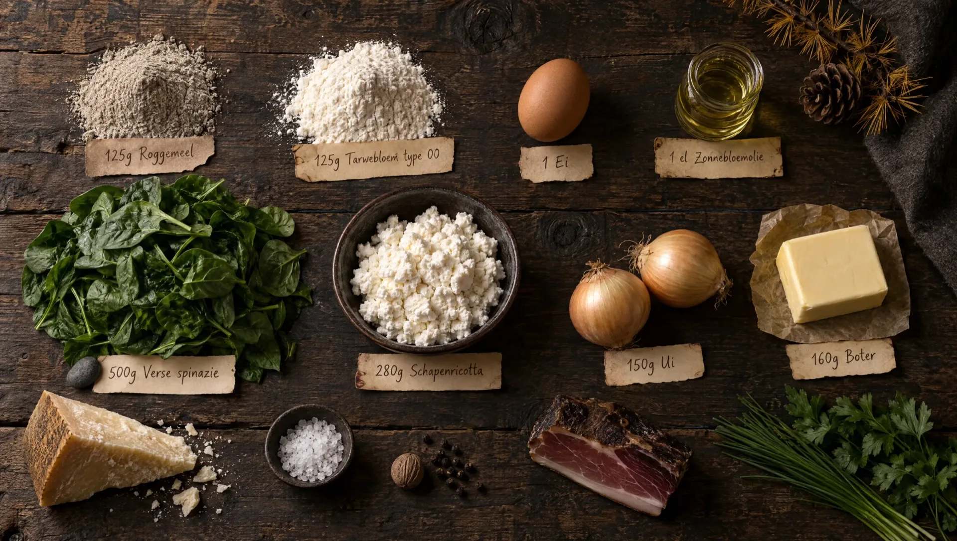Ingrediënten voor schlutzkrapfen: roggemeel, bloem, ei, spinazie, schapenricotta, ui, Parmigiano, boter, speck en bieslook