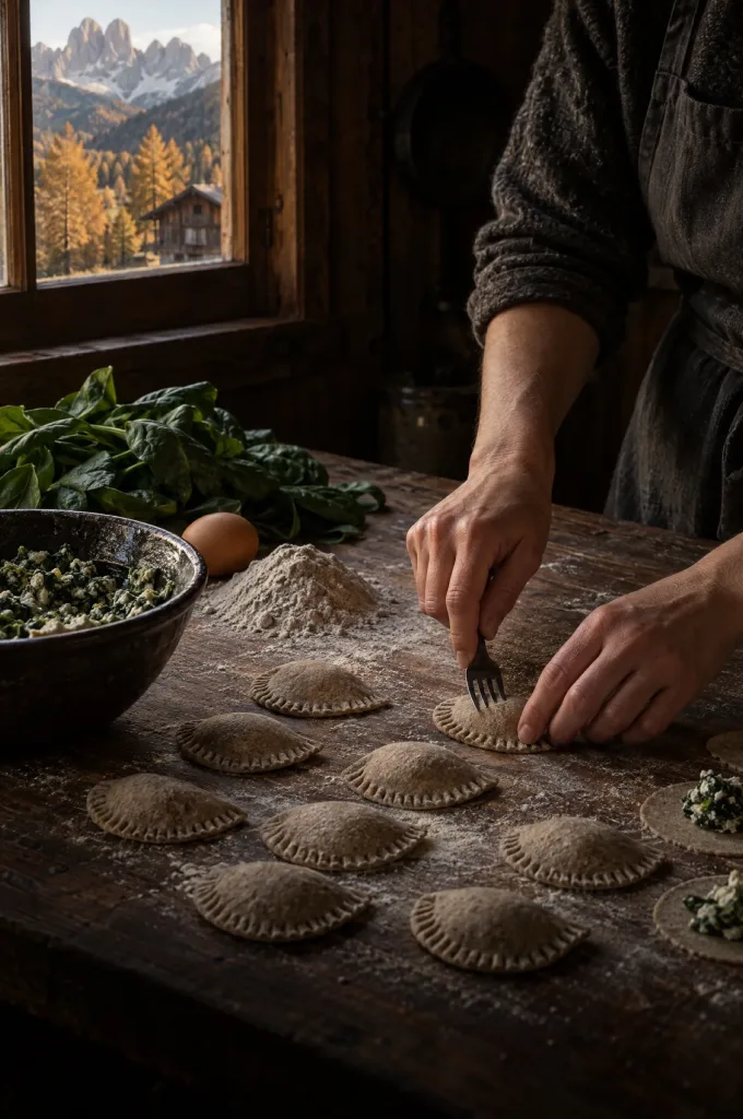 Handen van de kok drukken schlutzkrapfen dicht met een vork in een donkere keuken bij het raam, met zicht op de Dolomieten