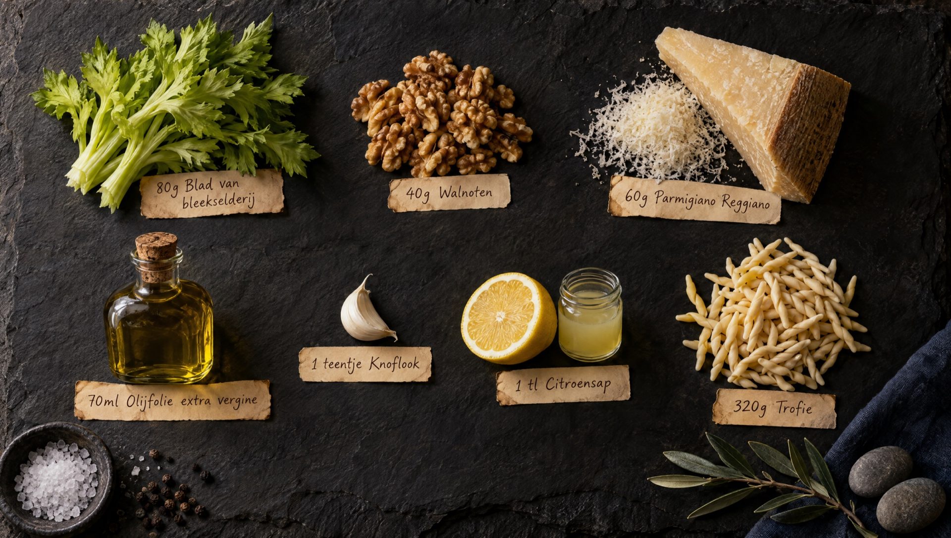 Ingrediënten voor selderijpesto: blad van bleekselderij, walnoten, Parmigiano, knoflook, citroen, olijfolie en trofie