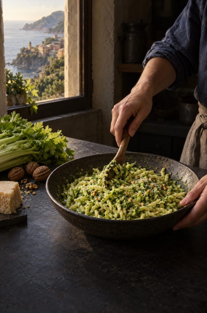 Handen van de kok scheppen selderijpesto door trofie in een donkere keuken bij het raam met uitzicht op de Ligurische kust
