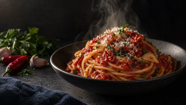 Spaghetti alla corte d'assise met pecorino op een donkere tafel in Calabrië, met verse peperoncini, knoflook en peterselie