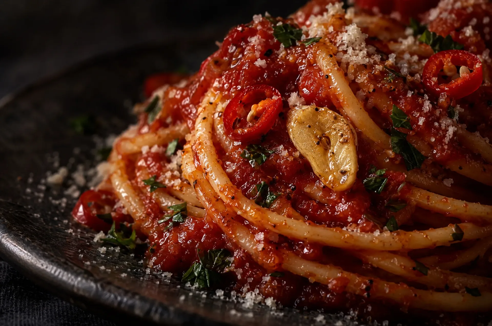 Close-up van spaghetti alla corte d'assise: glanzende tomatensaus met ringetjes peperoncino en geraspte pecorino op de pasta