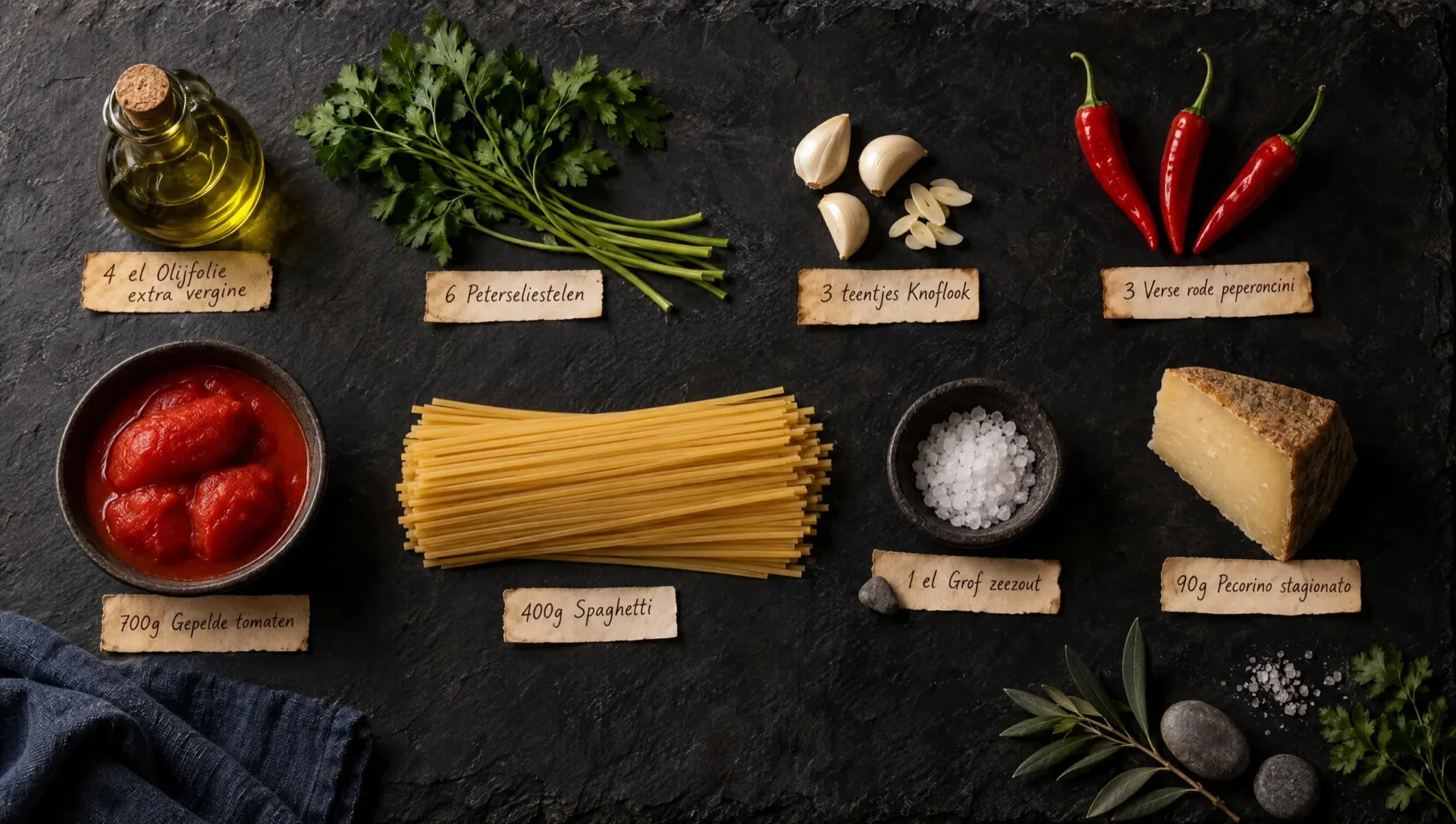 Ingrediënten voor spaghetti alla corte d'assise: spaghetti, pelati, peperoncini, knoflook, peterselie, pecorino en olijfolie
