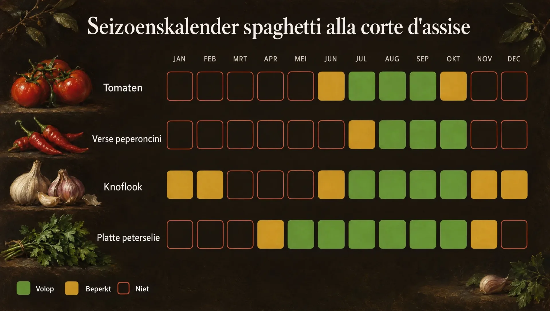 Seizoenskalender voor spaghetti alla corte d'assise: tomaten in de zomer, verse peperoncini van augustus tot oktober