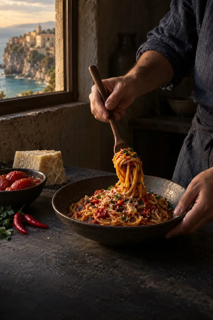 Handen van de kok scheppen spaghetti alla corte d'assise op bij het raam van een donkere keuken aan de Calabrische kust