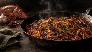 Spaghetti all'assassina di mare in een ijzeren pan op een tafel in Bari, met rode poon, knoflook, pepers en peterselie