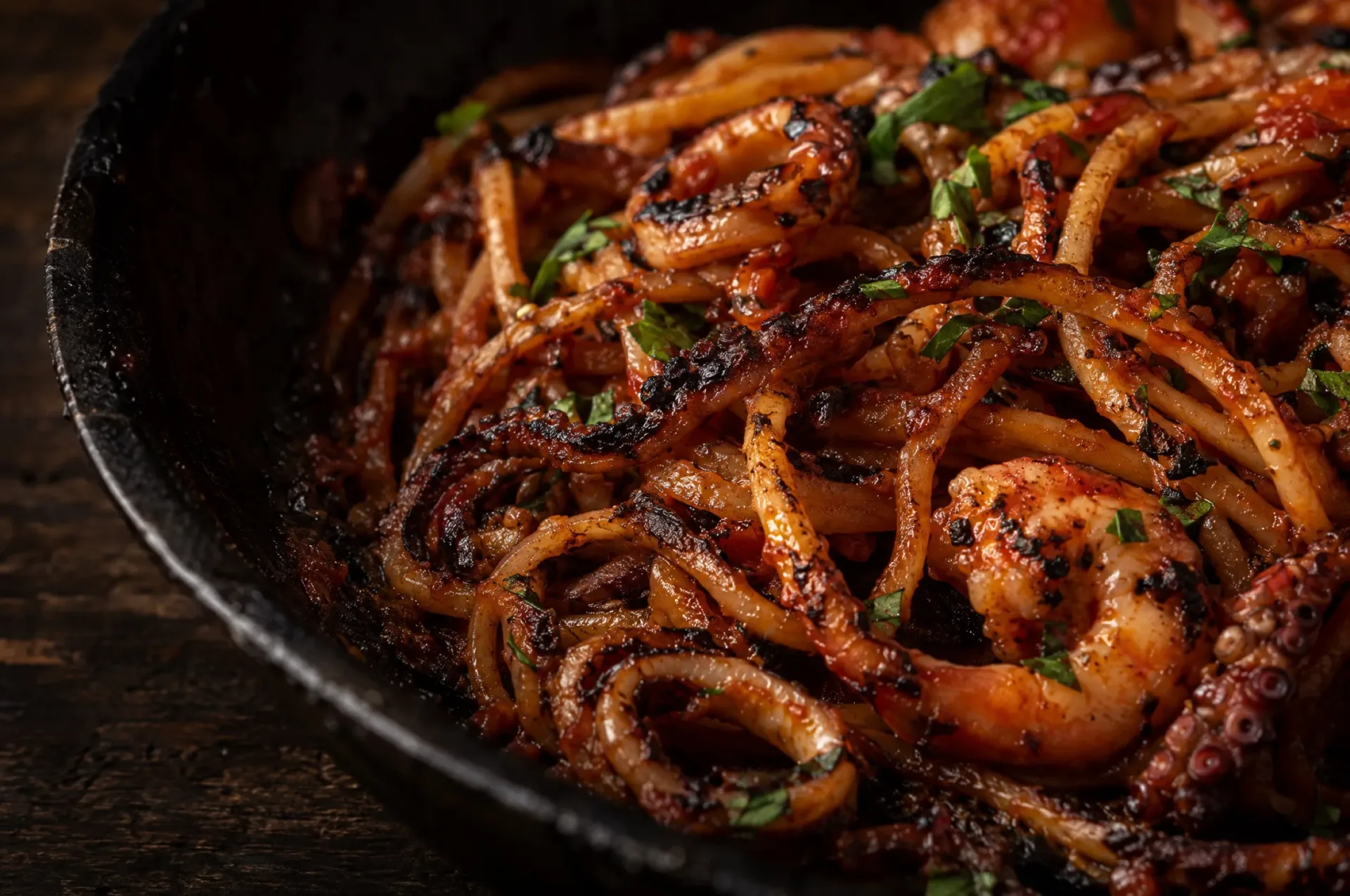 Close-up van spaghetti all'assassina di mare: donkere, krokante randen aan glanzende rode spaghetti met gehakte peterselie