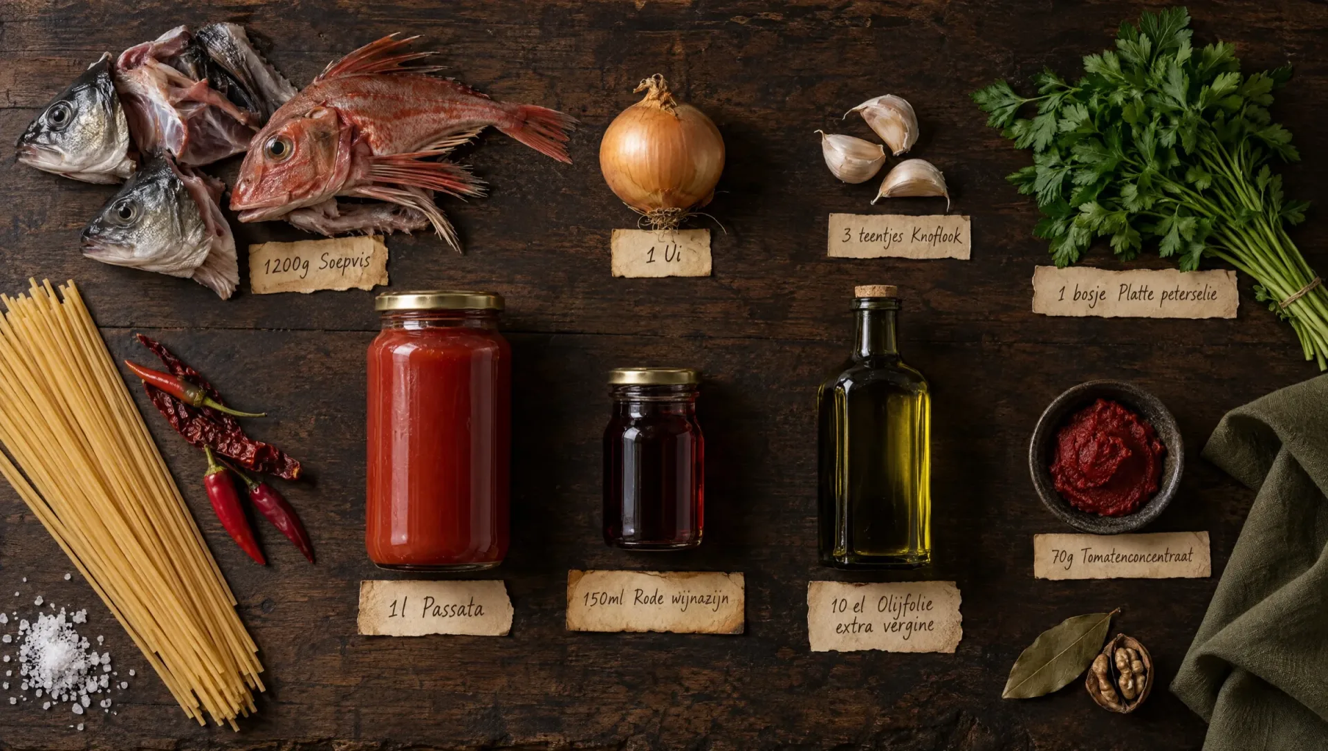 Ingrediënten voor spaghetti all'assassina di mare: spaghetti, rode poon, passata, knoflook, rode pepers, ui en peterselie