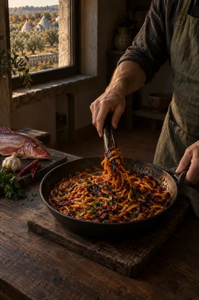 Handen van de kok keren spaghetti all'assassina di mare in een ijzeren pan, donkere keuken, uitzicht op olijfbomen en trulli