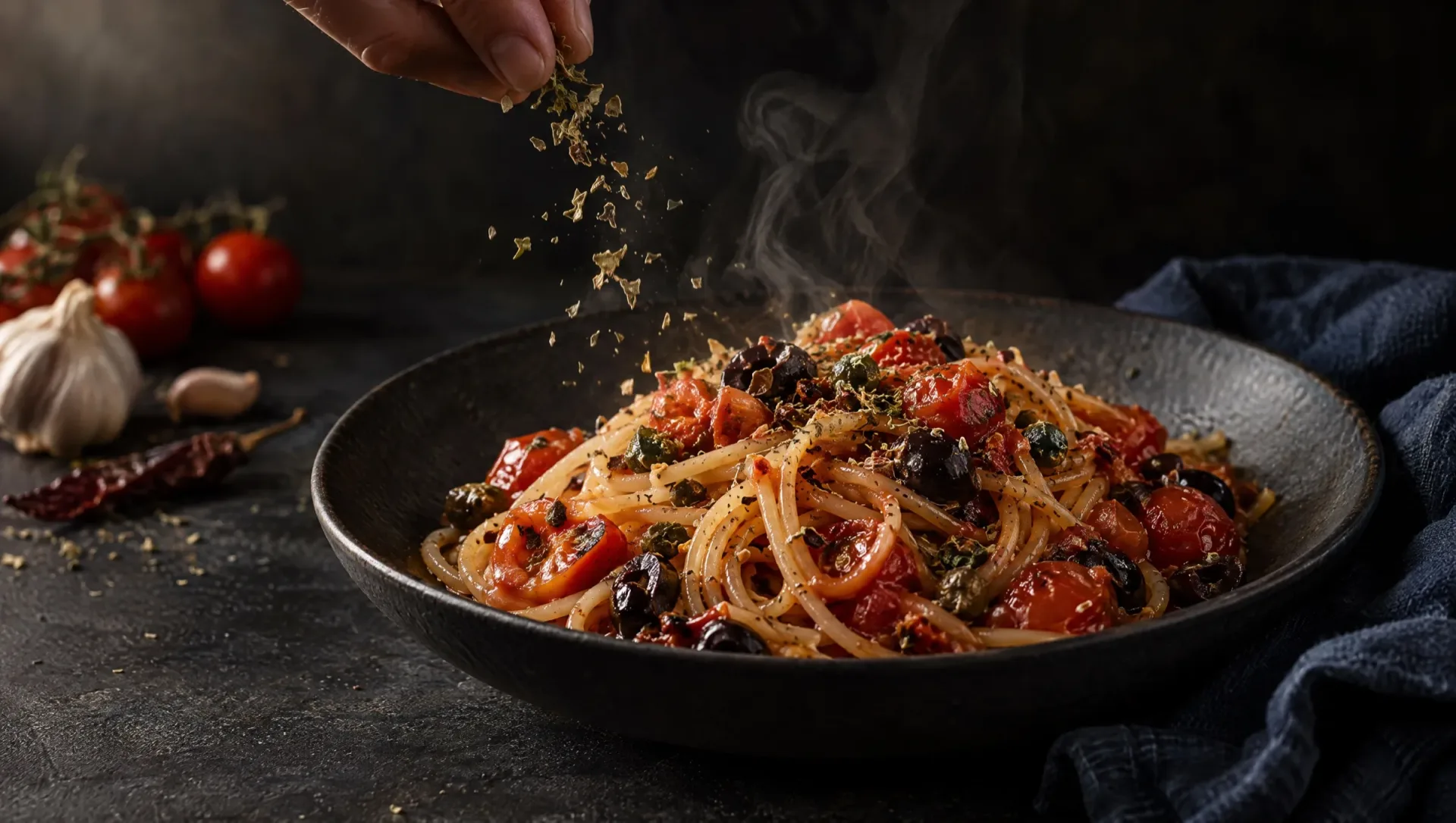 Spaghetti all'eoliana in een donkere aardewerken schaal met kerstomaatjes, olijven en kappertjes; een hand strooit oregano