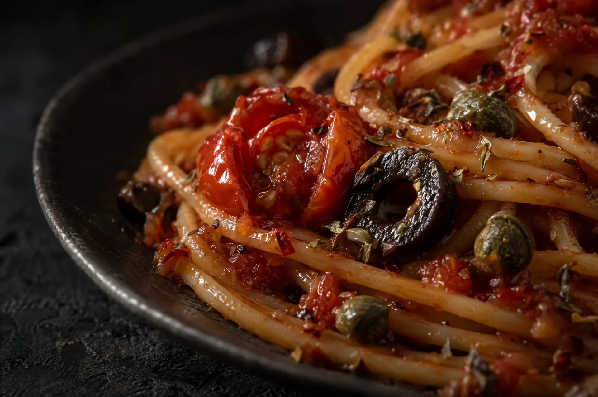 Close-up van spaghetti all'eoliana: glanzende saus met opengesprongen tomaatjes, olijfringen en kappertjes