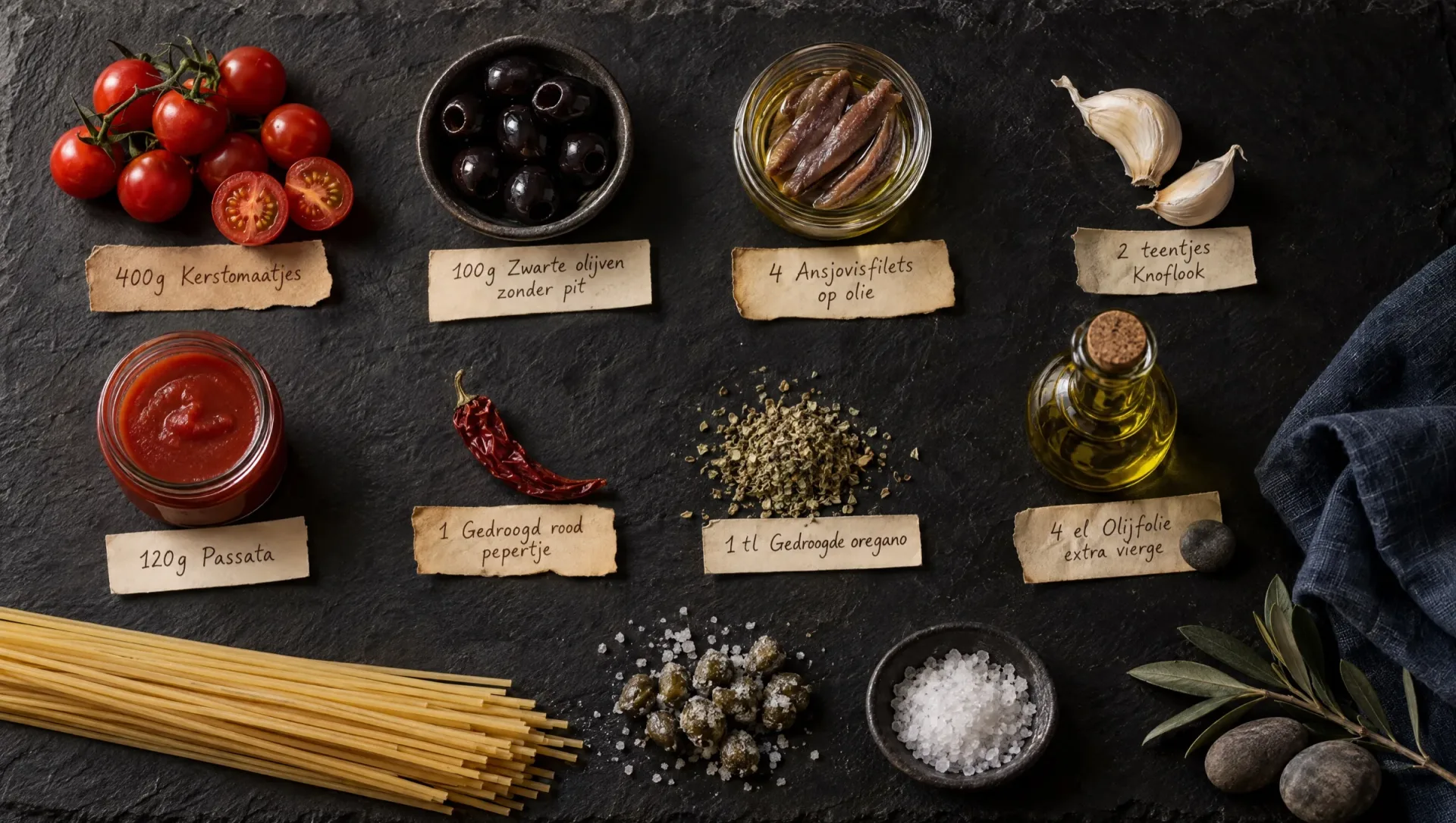 Ingrediënten voor spaghetti all'eoliana: spaghetti, kerstomaatjes, zwarte olijven, kappertjes, ansjovis en oregano