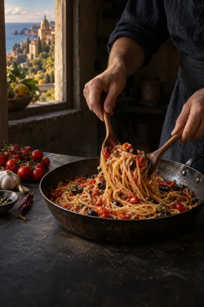 Handen van de kok die spaghetti all'eoliana in de pan omscheppen in een donkere keuken, door het raam de Siciliaanse kust