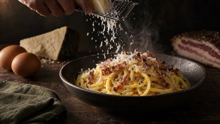 Spaghetti cacio e ova op een donkere houten tafel in Abruzzo, met vers geraspte pecorino, eieren, guanciale en saffraan