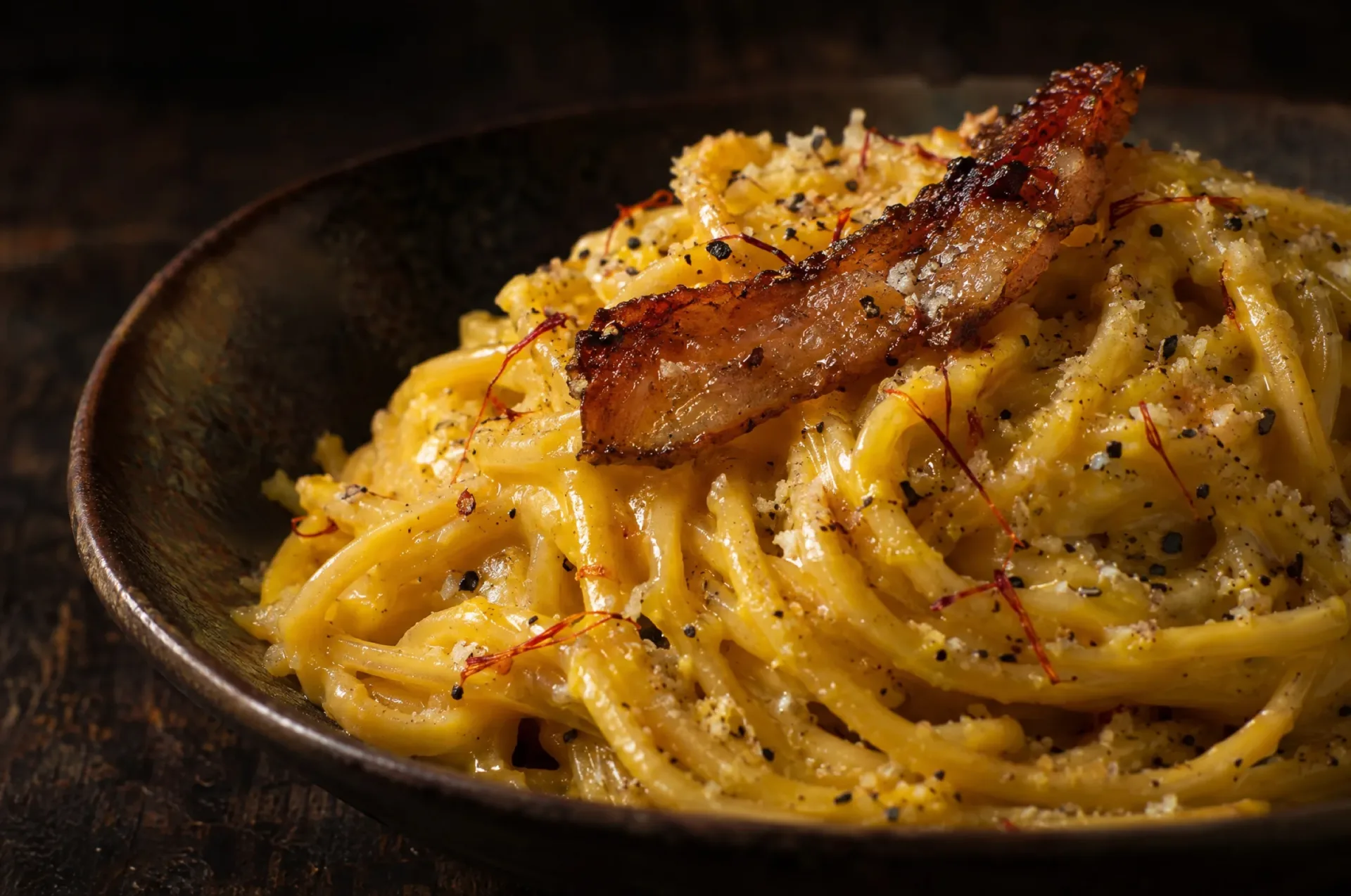 Detail van spaghetti cacio e ova: goudgele eiercrème met saffraandraadjes en krokante guanciale op glanzende spaghetti