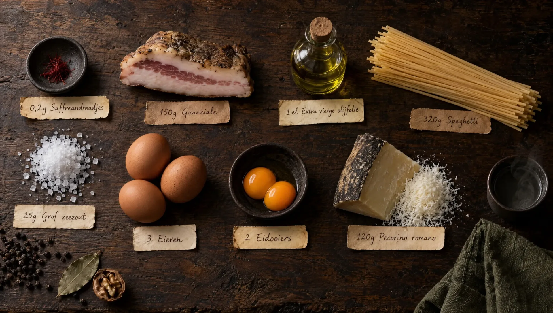 Ingrediënten voor spaghetti cacio e ova: spaghetti, guanciale, eieren, pecorino romano, saffraandraadjes en peperkorrels
