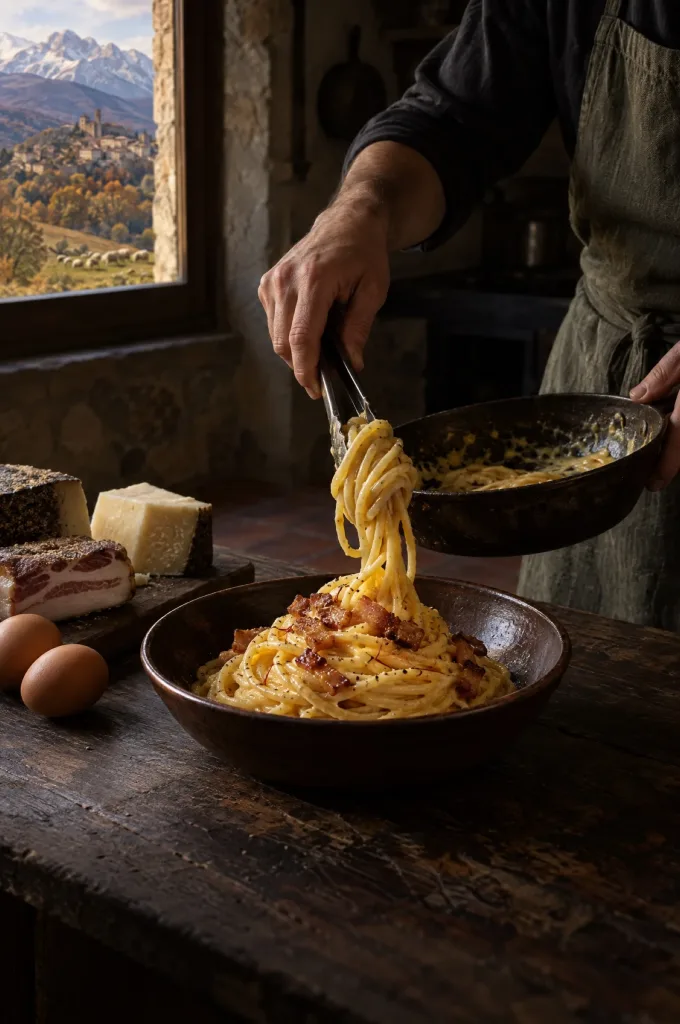 Handen van de kok scheppen spaghetti cacio e ova in een donkere keuken, bij het raam op de bergen van de Gran Sasso