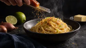 Spaghetti met limoen en bottarga op een donkere tafel op Sardinië in de herfst, met limoenen, sjalotten, boter en bottarga