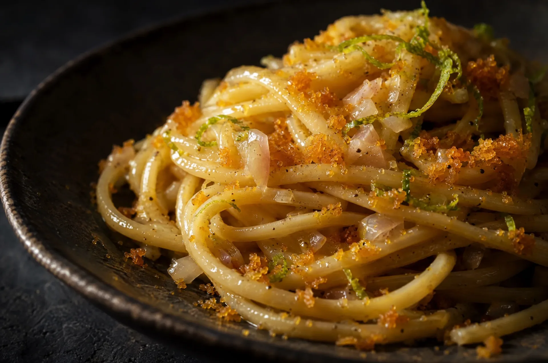 Detail van spaghetti met limoen en bottarga: glanzende botersaus, groene limoenrasp en oranje bottarga op de slierten