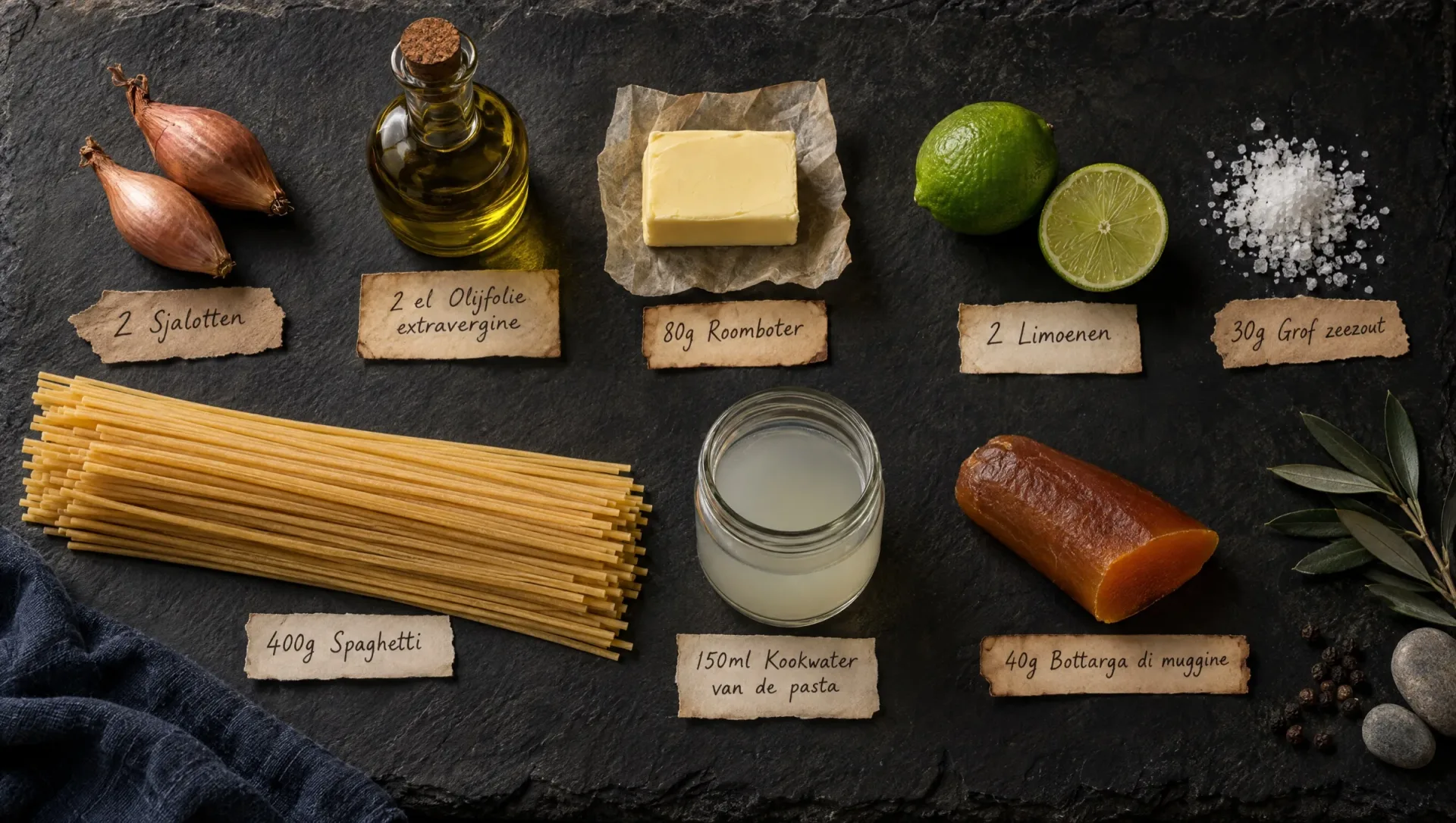 Ingrediënten voor spaghetti met limoen en bottarga: spaghetti, limoenen, sjalotten, boter, olijfolie en een staaf bottarga