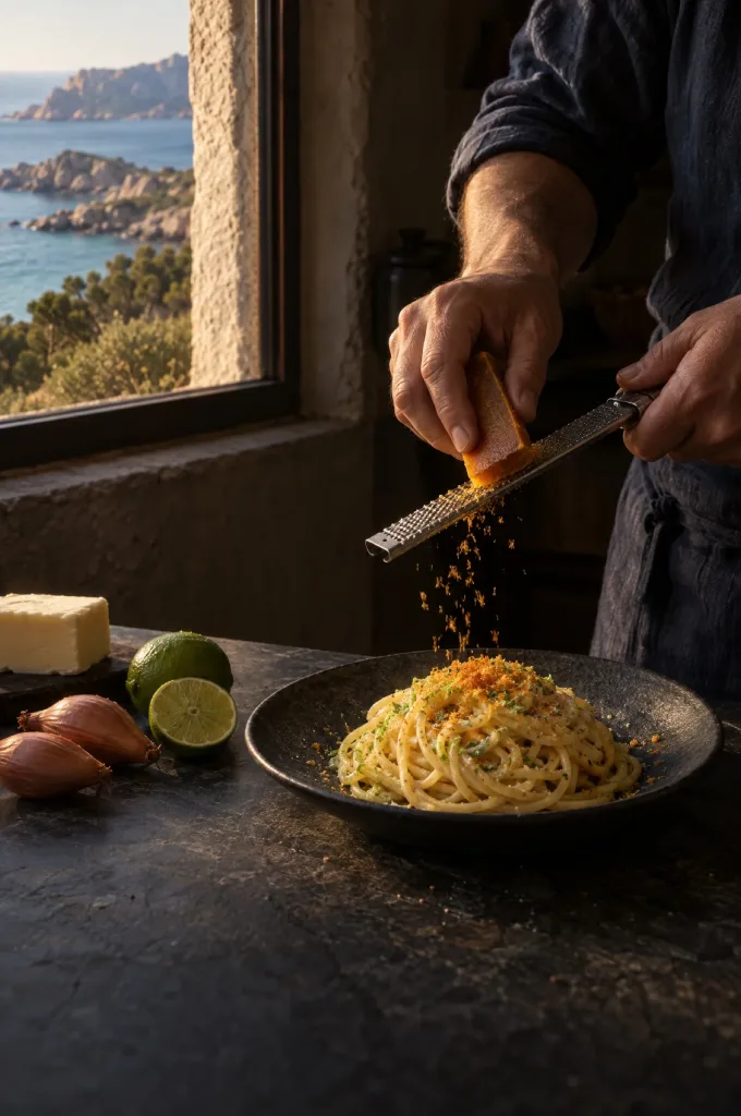 Handen van de kok raspen bottarga over spaghetti met limoen en bottarga in een donkere keuken met zicht op de Sardijnse kust