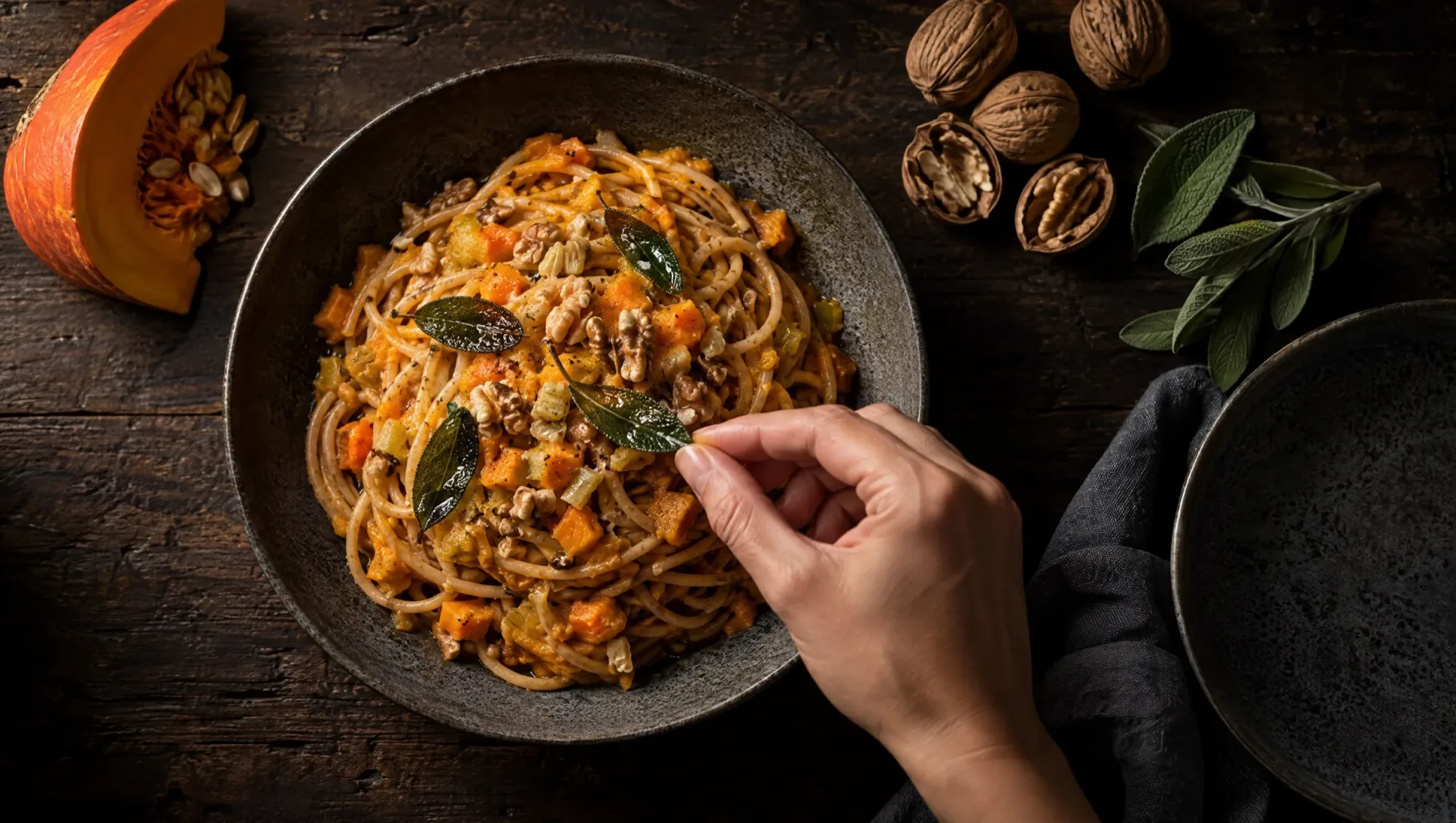 Spaghetti met pompoenragù en gefrituurde salie op een donkere tafel bij Mantova in de herfst, met rauwe pompoen en walnoten
