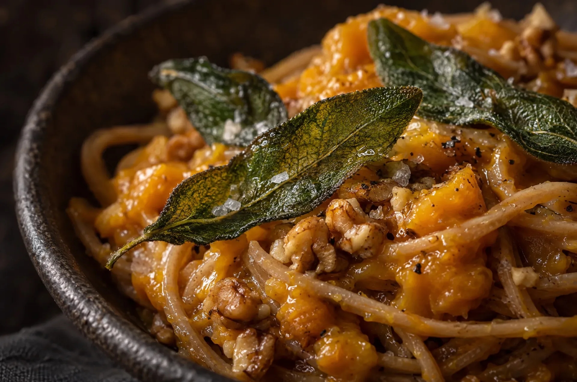 Detail van spaghetti met pompoenragù: krokante salieblaadjes en stukjes walnoot op glanzende oranje saus